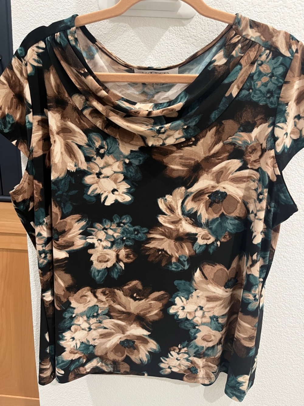 Kasper Floral Cowl Neck Women's Top in Teal and Brown XL